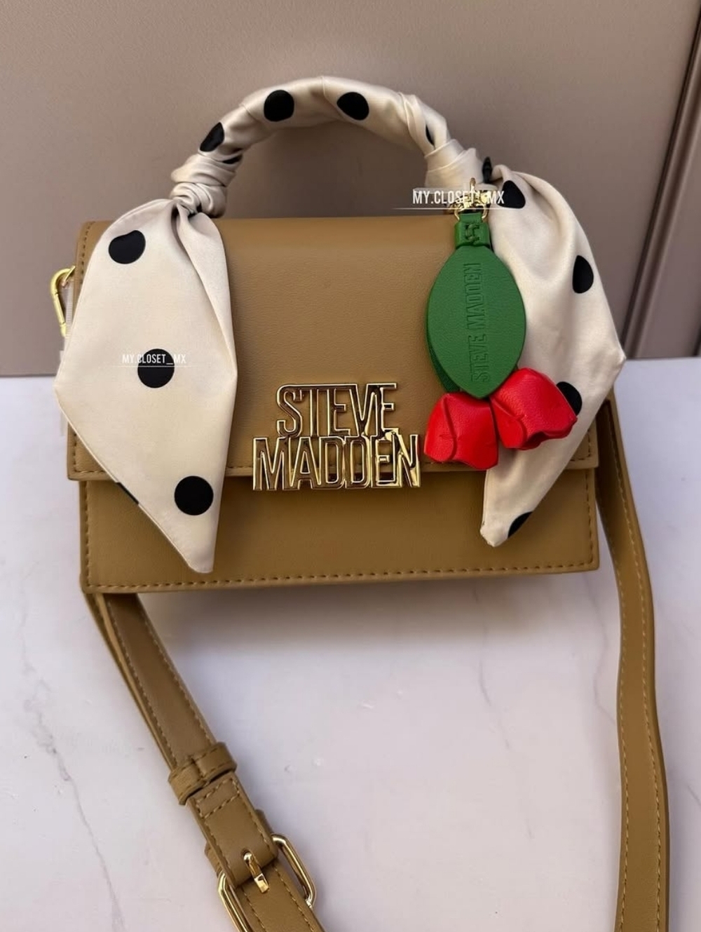 Steve Madden Tan Crossbody Bag with Polka Dot Scarf and Red Charm - Picture 1 of 3